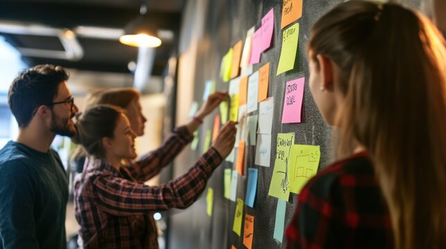 Group of people brainstorming with sticky notes on wall