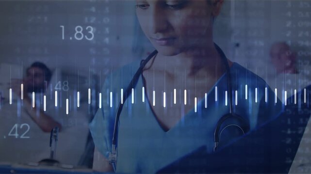 Nurse reviewing clipboard causing animated waveforms and orange trendline linking monitors for care