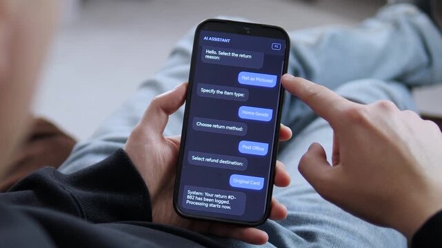 Using an AI assistant to process a product return. The user selects Not as Pictured and Home Goods via a chat interface. Perfect for e-commerce, customer support automation, and AI chatbot visuals.