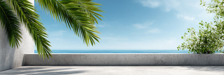 Naklejka premium Concrete terrace with palm fronds casting shadows, overlooking the tranquil blue ocean under a clear sky, an inviting tropical backdrop for summer and relaxation concepts