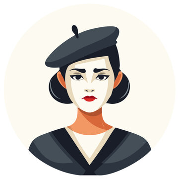 Portrait of a woman with mime makeup wearing a beret showcasing theatrical artistry and expressive character in a stylish illustration