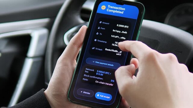 Viewing a completed Bitcoin transaction on a smartphone. The screen displays the amount, hash, and block confirmations. Perfect for blockchain visuals, crypto wallets, and decentralized finance