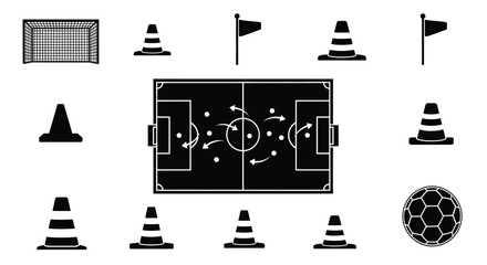 Soccer field and equipment set in black silhouette © Fhm