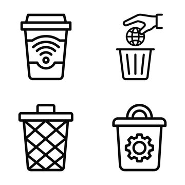 Waste management digital cleanup data deletion system configuration line icons set with trash can coffee cup line art