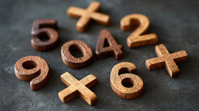 Wooden numbers and math symbols arranged on dark surface