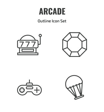 arcade outline icon set. thin line slot hine, crystal, game controller, paraplane icons. editable vector