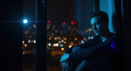 Fototapeta premium Man sitting by window at night, looking out at city lights