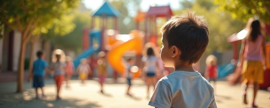Young boy looks at children playing on colorful playground. He stands apart from group, feeling isolated from peers on sunny day. Childhood loneliness theme.