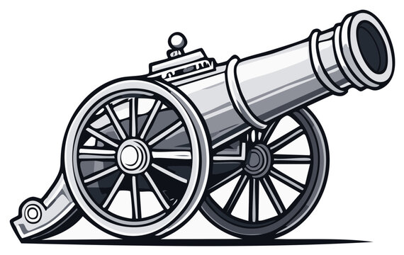 Classic old cannon with large wooden wheels on a white background cartoon illustration