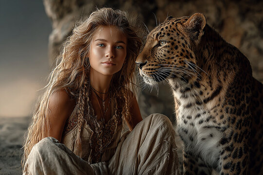 Woman bonding with leopard in a wild setting