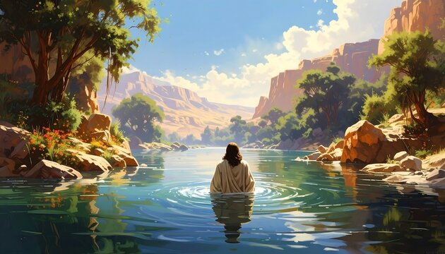 A person in a long robe stands waist-deep in a river. The scene is sunlit with rocky canyon walls and vegetation