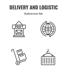 Fototapeta premium delivery and logistic outline icon set. thin line post office, worldwide, package on trolley, container icons. editable vector