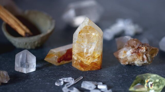 Hand holding palo santo wood purifying group of healing gemstones