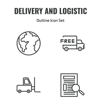 delivery and logistic outline icon set. thin line planet earth, free delivery, forklift, waybill icons. editable vector