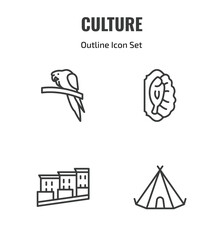 culture outline icon set. thin line aw on a branch, cantonese fish, bo kaap, native american wigwam icons. editable vector © Farahim