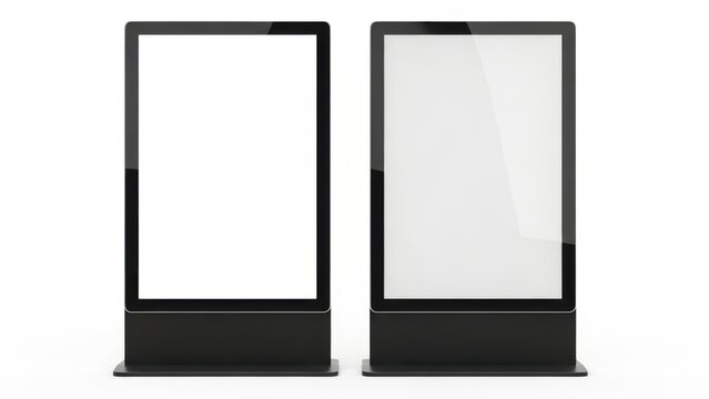 Two vertical black digital signage kiosks with blank white screens isolated