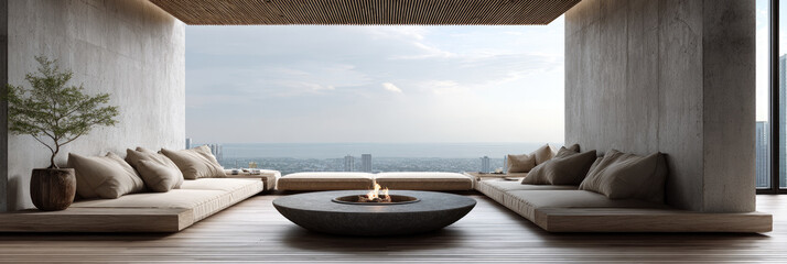 Fototapeta premium Modern luxury conversation pit on a panoramic balcony overlooking a city skyline and ocean, featuring a low seating arrangement, concrete elements, and warm fire pit