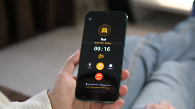 POV of a user connected to a taxi service. The interface shows an ongoing call and updates Your taxi is arriving - ETA 3 minutes. Ideal for illustrating convenience, real-time tracking, and mobile
