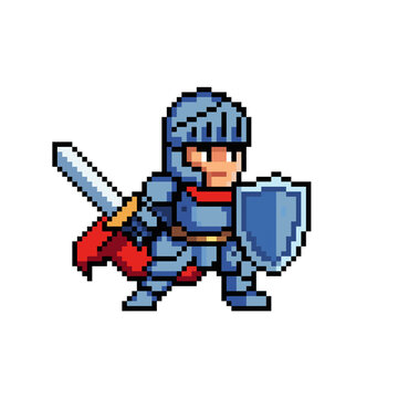 Pixel art style knight images, unique pixel art characters, armored warriors, 8 bit, 16 bit, 32 bit pixel art style characters.