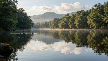 Fototapeta premium Morning mist over river with mountain and tree reflections