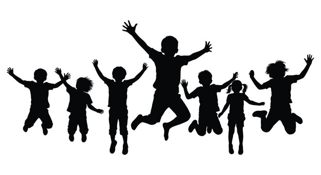 Group of jumping children in black silhouette