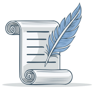 Scroll with lines and blue feather vector illustration for writing letter, old document, message, manuscript or poetry.
