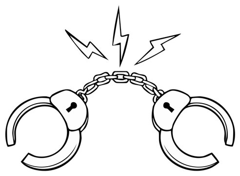 Black and white line art of open handcuffs with electric shock symbol illustration