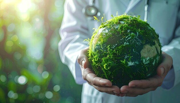 A person in a medical coat cradles a globe teeming with green foliage, symbolizing environmental well-being and healthcare