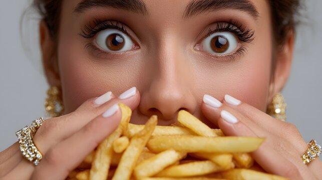 Close-up shows a womans eyes widening as she holds fries, showing excitement