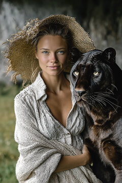 Woman with black panther showing harmonious connection in nature