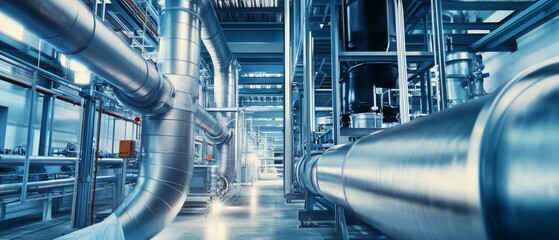 Fototapeta premium Industrial facility shows pipes and machinery in a production area during daytime hours