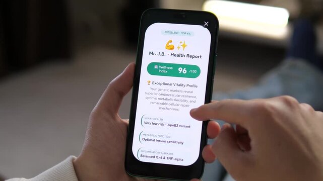 a user reviewing optimal genetic markers. The interface shows very low heart risk, balanced inflammation, and superior detox pathways. Ideal for illustrating vitality, preventative medicine, and