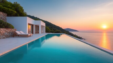 Fototapeta premium A modern villa with an infinity pool overlooks a calm sea at sunset, surrounded by hills and tranquil nature.