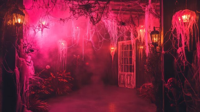 Pink themed haunted house with spider web decor, pink halloween backdrop