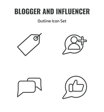 blogger and influencer outline icon set. thin line label, follower, conversation, likes icons. editable vector