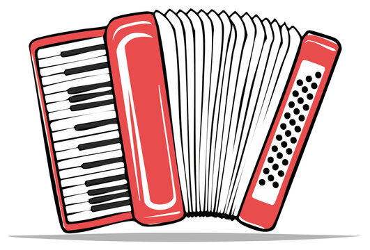 Red piano accordion musical instrument cartoon vector illustration for folk music festival