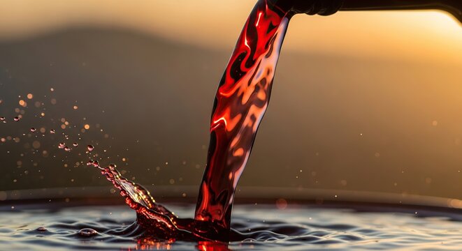 Red Wine Pouring into Glass with Splashes and Ripples.
