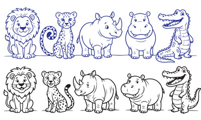 Cartoon animal collection lion leopard rhino hippo and crocodile vector illustration © FatemaChowdury