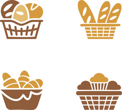 Four brown baskets filled with various types of bread and pastries on transparent background