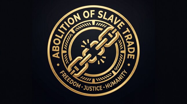 Abolition of slave trade emblem with broken chain symbol, gold metallic design on dark background
