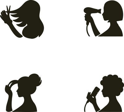 Silhouette of four women styling hair with scissors comb and blow dryer  hair care and beauty routine