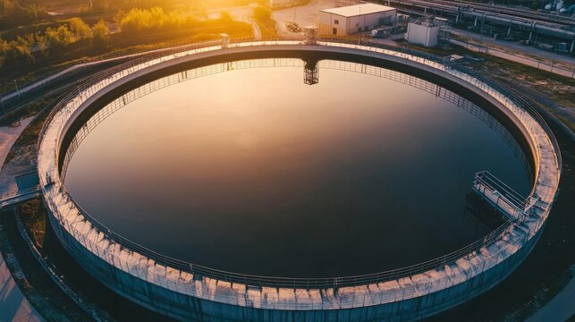 Water treatment facility shows round tank at sunset with reflections on surface and surrounding industrial area
