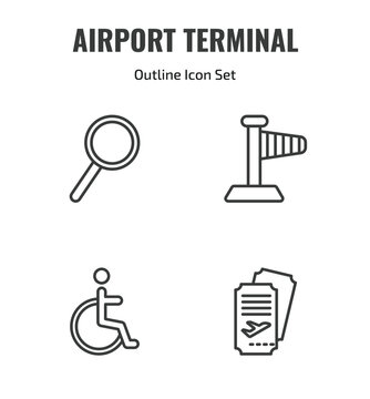 airport terminal outline icon set. thin line airport searchor, right wing, disable, two plane tickets icons. editable vector