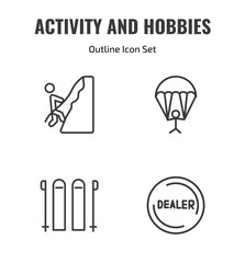 Fototapeta premium activity and hobbies outline icon set. thin line mountaineering, gliding parachutist, skii, dealer icons. editable vector