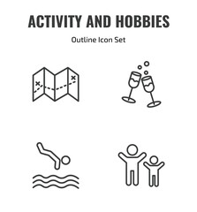 Fototapeta premium activity and hobbies outline icon set. thin line travelling, hang out, jumping to the water, aerobic icons. editable vector