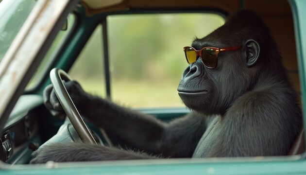 Gorilla wears sunglasses driving car. Side view of ape gripping steering wheel, calm demeanor. Animal enjoys road trip, traveling on sunny day.