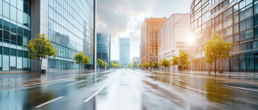 Urban street after rain with buildings and trees under cloudy sky