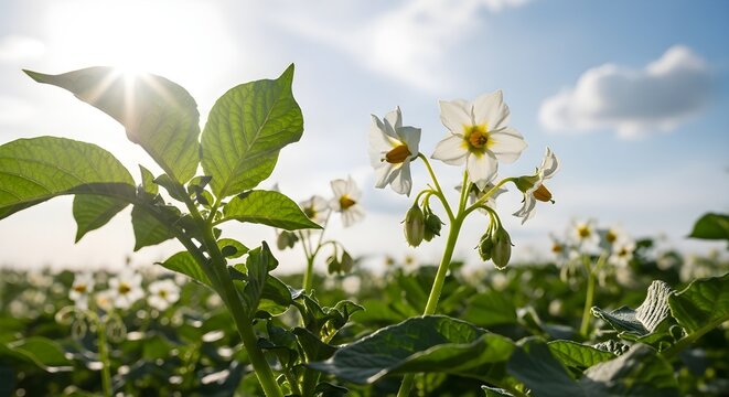 Sunlight Shines on a Field of Blooming Potato Plants Under Blue Sky