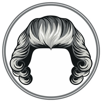 Illustration of a powdered wig with curled sides in a circular frame