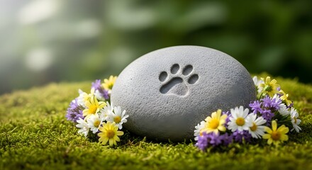 Fototapeta premium Remembrance Stone with Paw Print Surrounded by Flowers on Moss